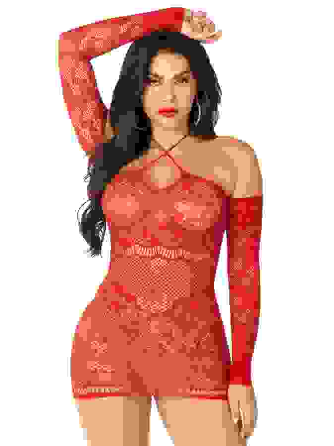 Leg Avenue Red Sheer Lace Off The Shoulder Mini Dress, Red, hi-res